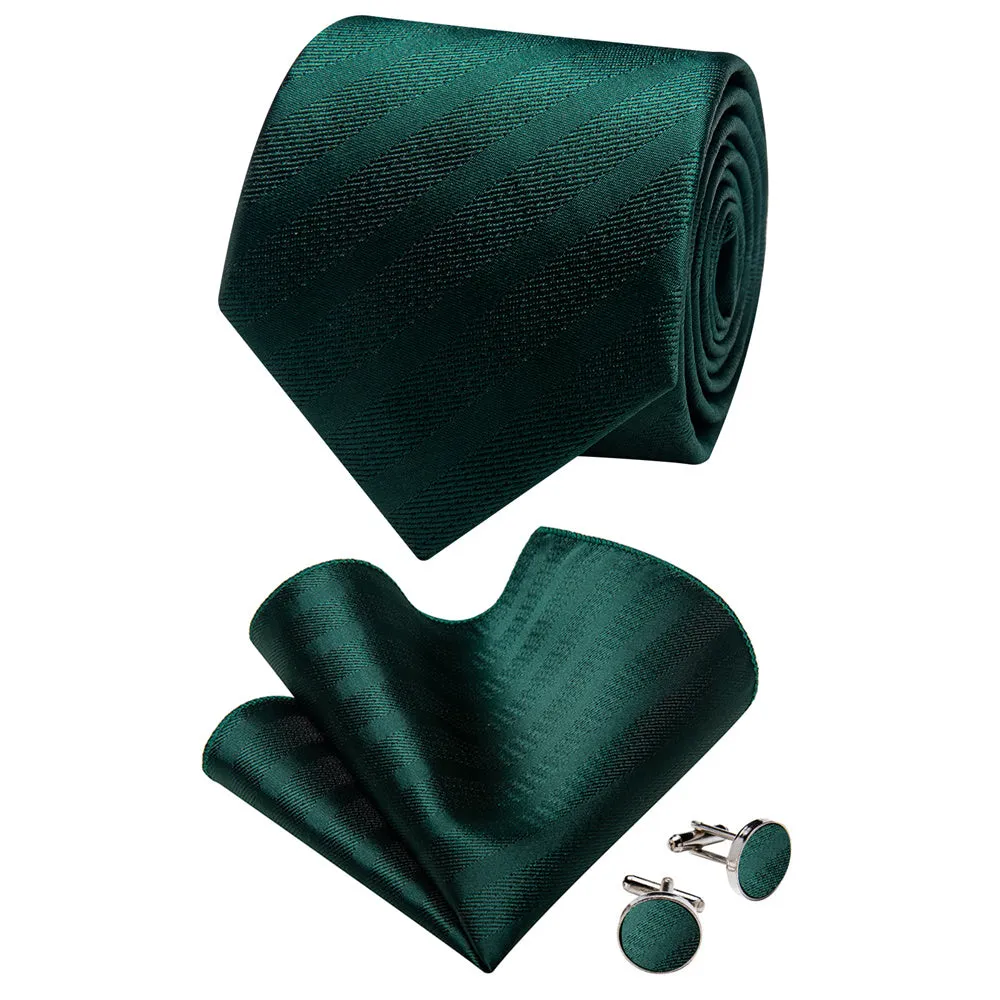 YourTies White Solid Long Sleeve Shirt with Deep Green Striped Silk Tie for Men